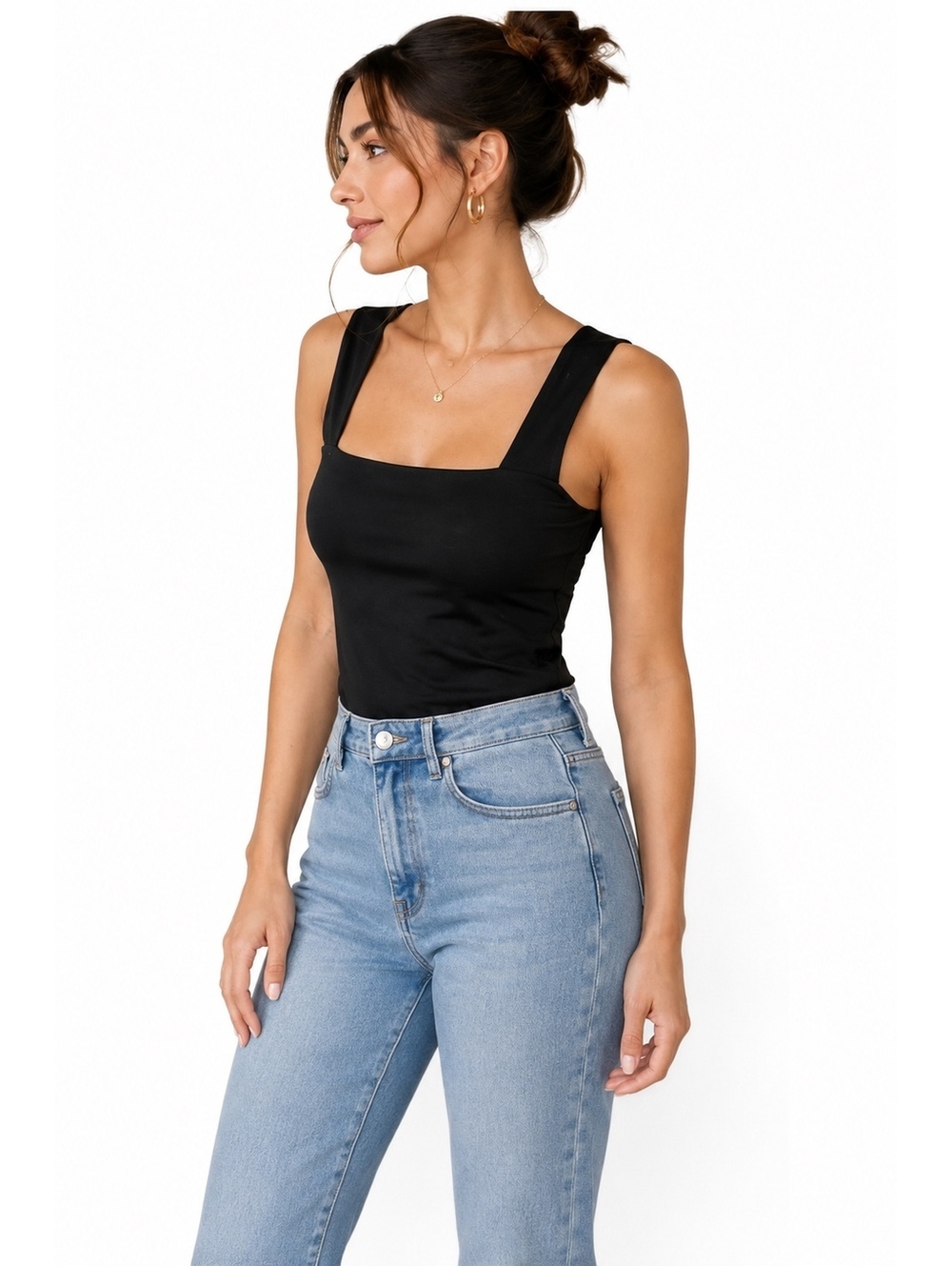 058. NWT! OGL•Black Wide Strap Square Neck Stretch Tank Top•MEDIUM